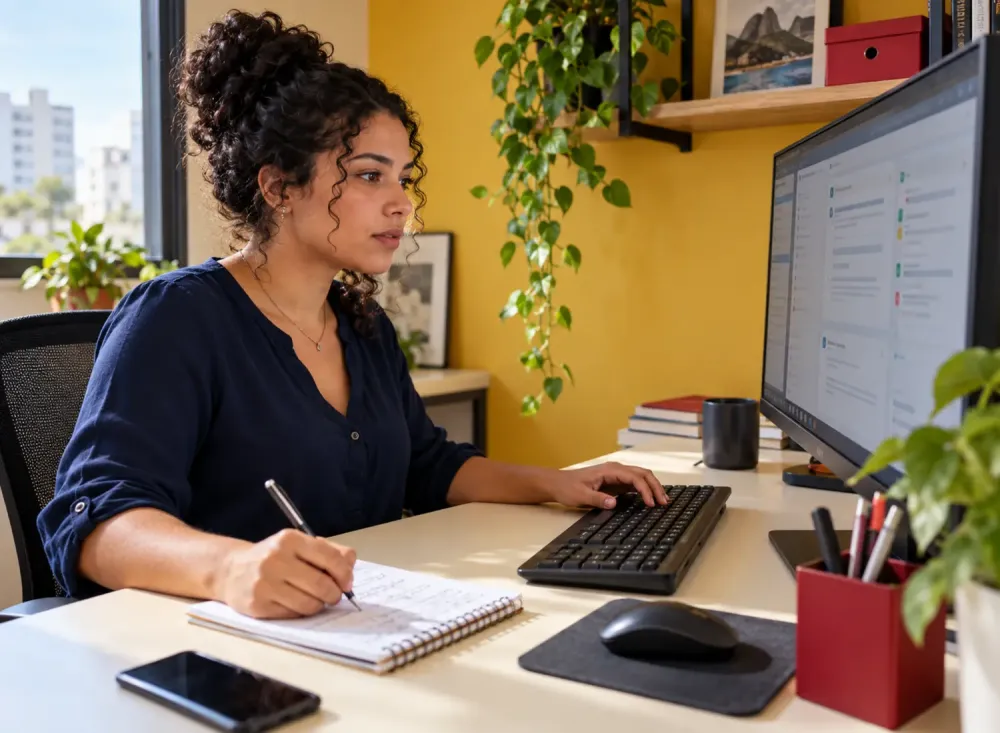 Analista trabalha com suporte técnico Home Office em computador. Imagem gerada por Inteligência Artificial