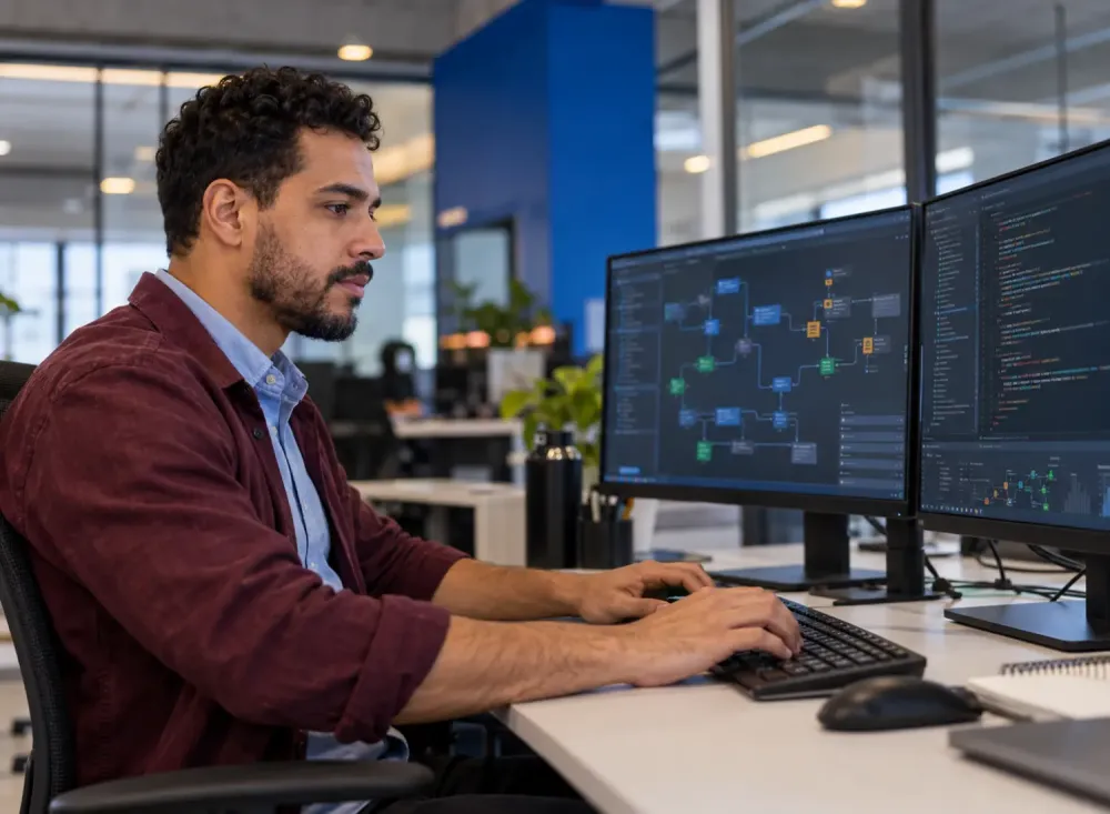 Profissional brasileiro trabalha com programação e fluxos de automação em escritório corporativo. Imagem gerada por IA