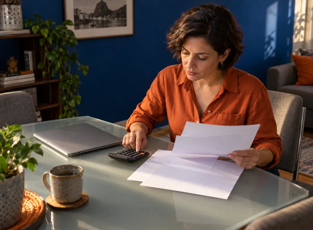 Mulher analisa documentos e usa uma calculadora à mesa de casa. Imagem ilustrativa gerada por inteligência artificial.