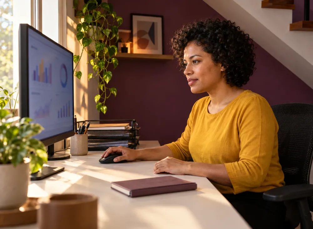 Mulher trabalha ao computador em um escritório doméstico, com gráficos na tela. Imagem gerada por inteligência artificial.