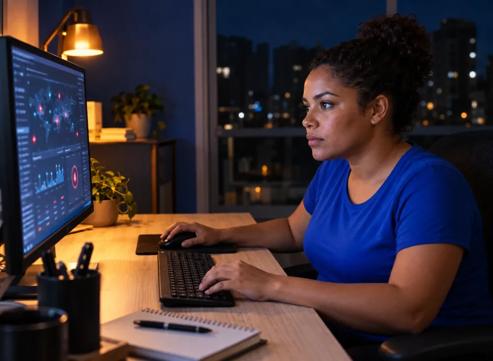 Profissional acompanha um painel de monitoramento no computador durante a noite, em um escritório doméstico. Imagem ilustrativa gerada por inteligência artificial.