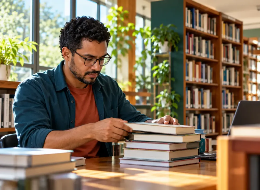 Bibliotecário brasileiro confere livros em uma biblioteca contemporânea. Imagem gerada por IA